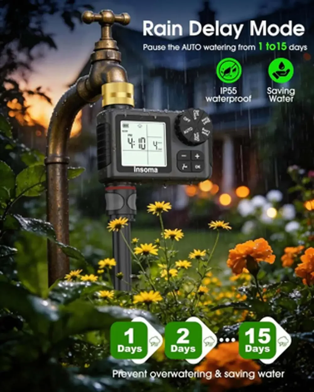 Water Timer for Garden Hose Brass Inlet 1 Outlet LCD Display Auto Manual Rain